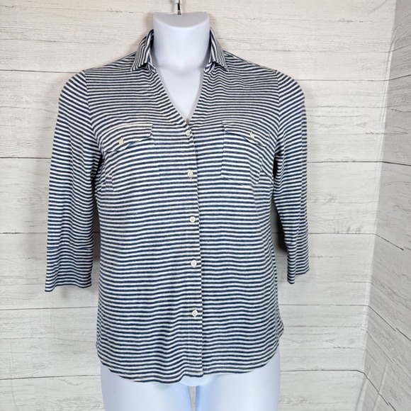 J McLaughlin Shirt L Navy Stripe Linen Cotton 3/4 Sleeve Button Coastal Preppy - Picture 2 of 10